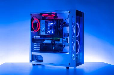 Custom gaming PC tower with red and blue lighting